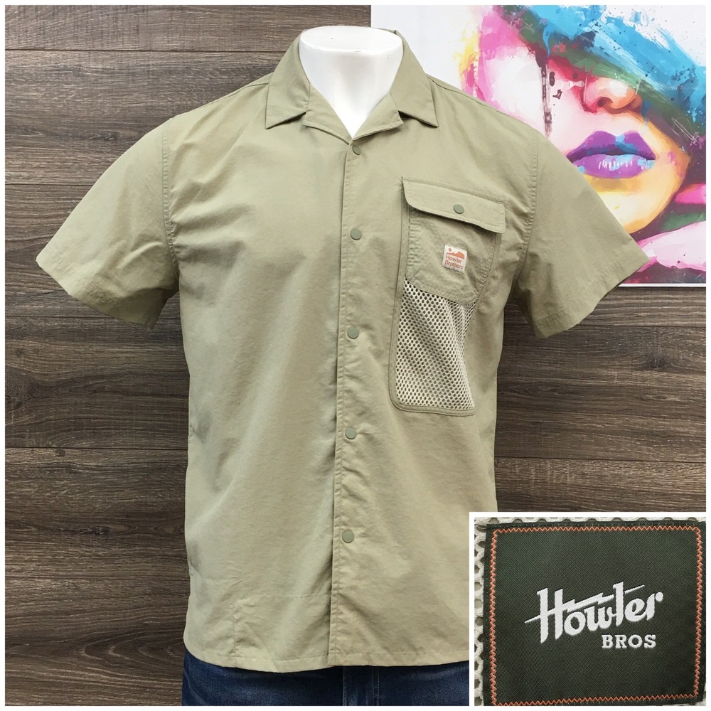 Howler Brothers Mens Tan Nylon Short‎ Sleeve Snap Front Fishing Shirt Size M
